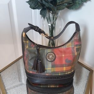 DOONEY AND BOURKE PLAID CANVAS LEATHER BUCKET BAG